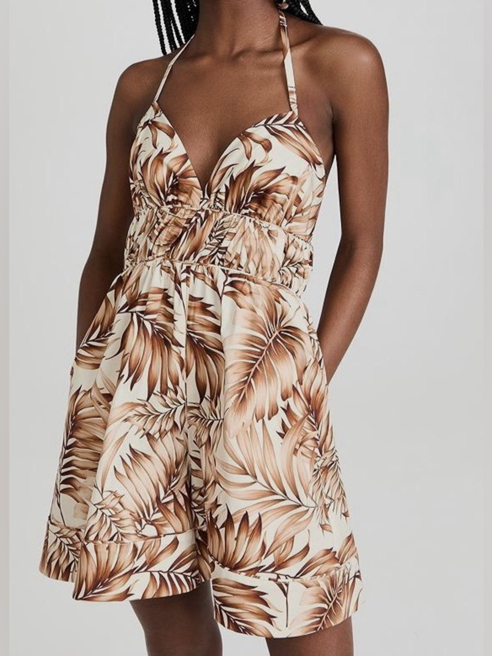 Autumn Adeigbo Beige Palm Print Karina Halter Romper